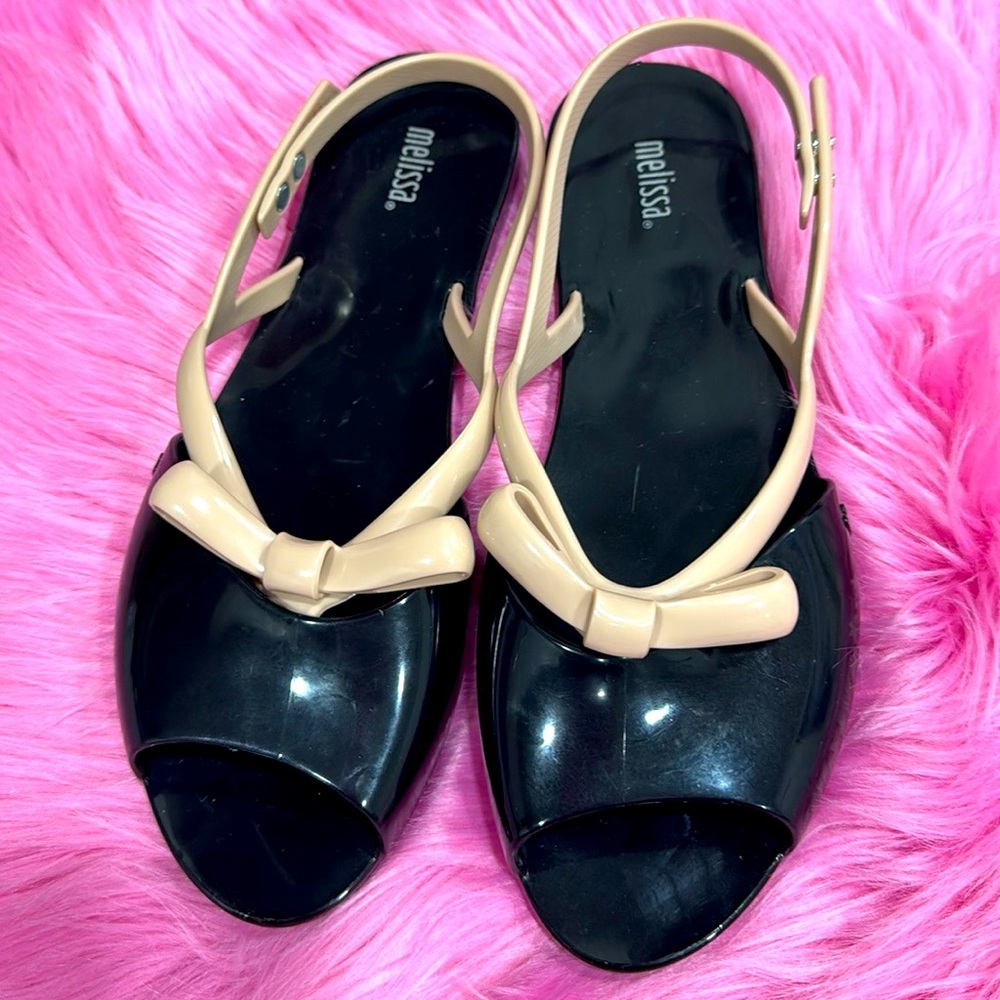 Melissa Glossy Black Sandals with Cream Bow